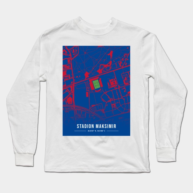 Maksimir Stadion Blue Map Design Long Sleeve T-Shirt by TopFootballStadiums